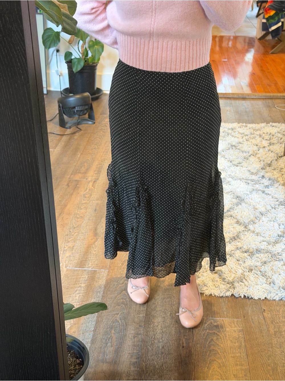 Ralph Lauren 100% Silk Black Polka Dot Midi Skirt